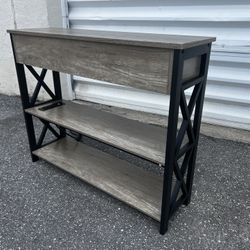 Grey Rustic Media Electronics Storage Shelf with Power Strip Plug In Port! Works great!   39.5x12x32in