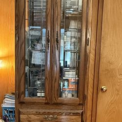 Solid Oak Curio Display Cabinet with Leaded Glass