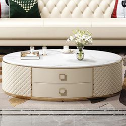Modern Light Luxury Oval Coffee Table with Storage Drawer Marble Top Sofa Side Table Living Room Furnitur