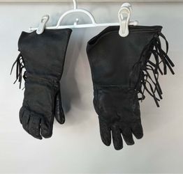 Black Leather Fringed Motorcycle Gauntlet Gloves Size Large