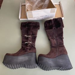 BROWN SUEDE BOOTS - FAUX FUR - SIZE 39 - NEW IN BOX 