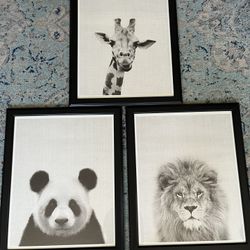 Nursery Framed Animal Prints Set Of 3 (18x22) Lion Panda Giraffe 