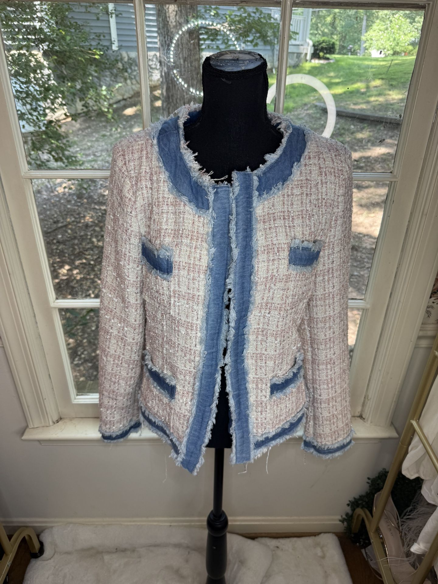 Boho Tweed Pink Blazer Jacket Denim Design Size Medium