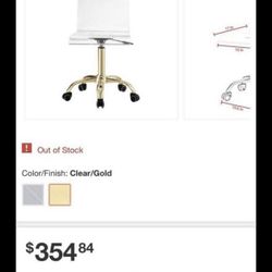 $280 Posh living briar clear acrylic chair with stainless steel gold base and caster 