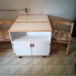 Wood Kitchen Set Table Rolls And Extra Storage & 2 Chairs