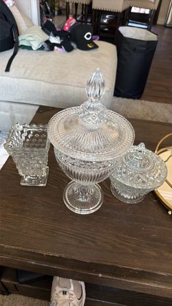 Large covered pedestal bowl, glass vase and medium size covered bowl