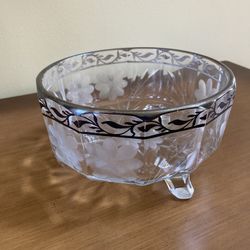 Vintage Silver Trimmed Leaf Lead Crystal Three Footed Bowl