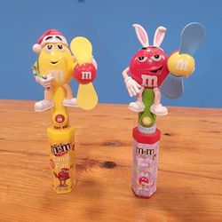 Vintage M&M Red Easter Bunny & Yellow Santa with Hand Fan ~ No Candy, Both Work