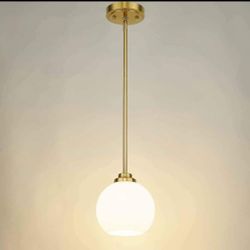 Mid Century Milk Glass Pendant Light Fixture, Globe Brushed Gold Haning Light