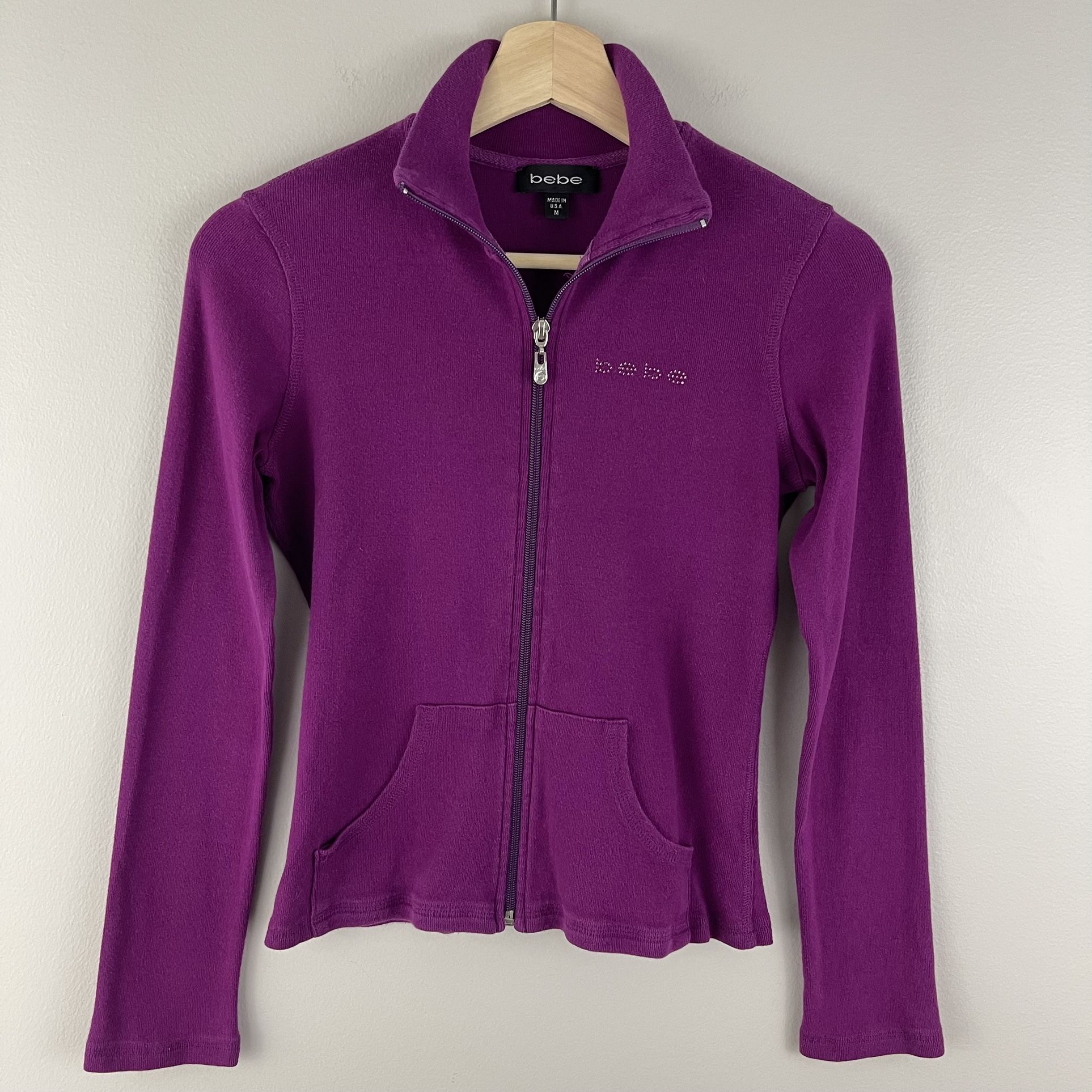 BEBE Vintage Y2K Purple Rhinestone Mockneck Pullover Full Zip Fitted Sweatshirt