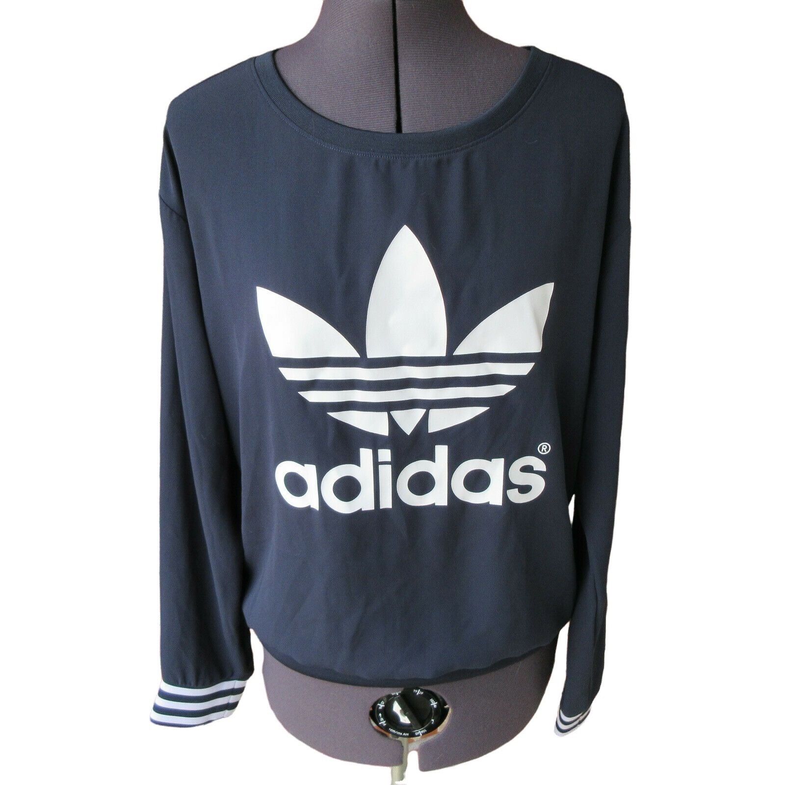Adidas Long-Sleeve Crepe Pullover Sz. S Blue Logo Trefoil Crew-Neck
