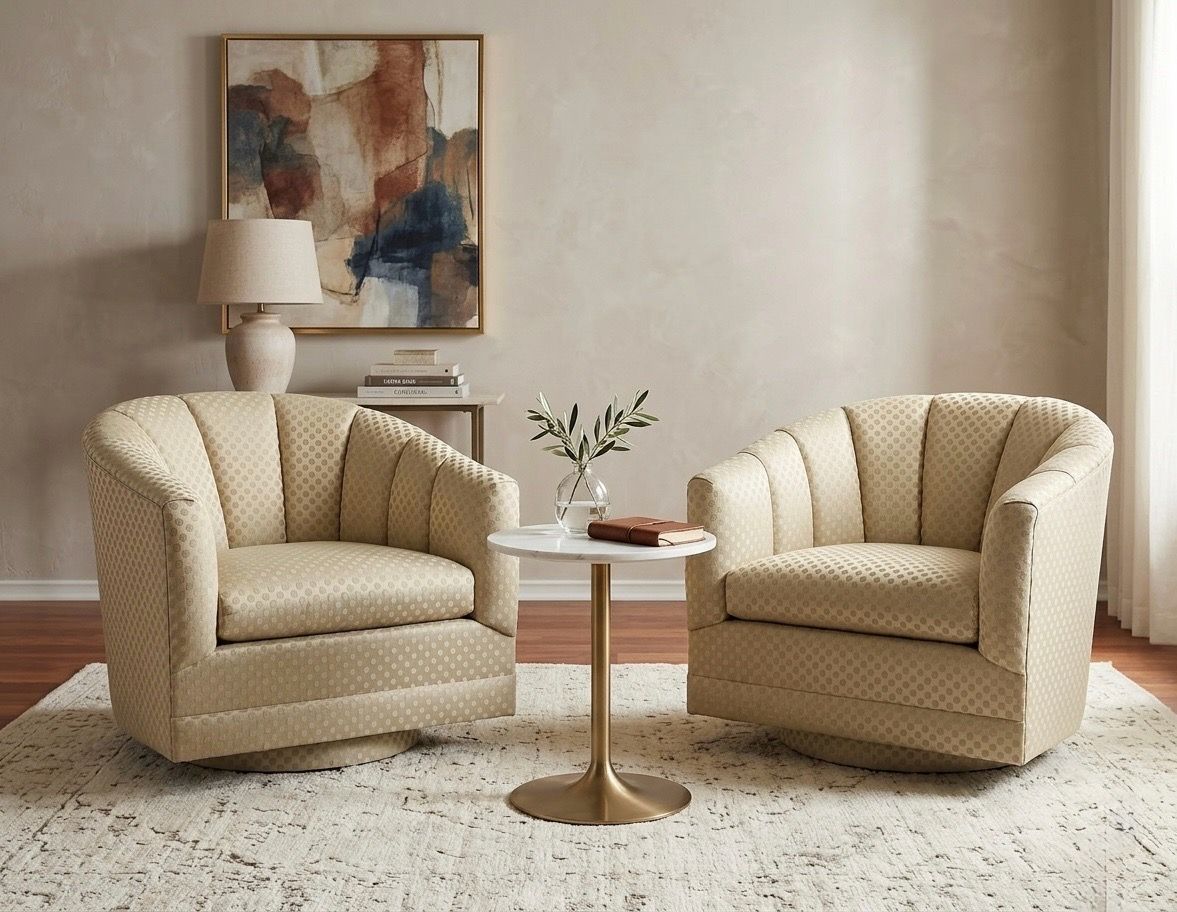Pair of High-End Vintage Channel Back Swivel Tub Chairs - Beige & Polka Dot Trellis