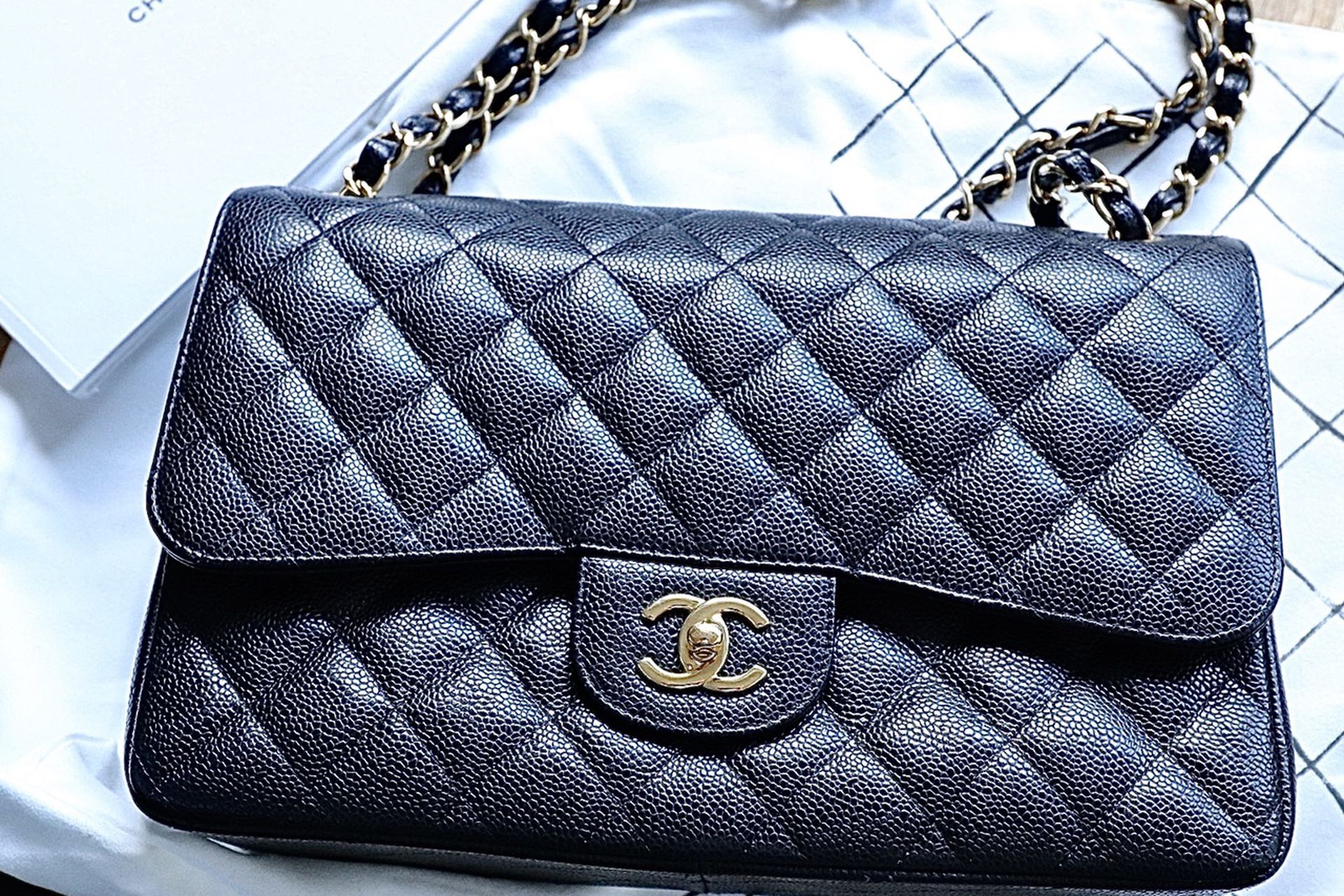 Authentic Chanel Classic Double Flap Bag Quilted Caviar