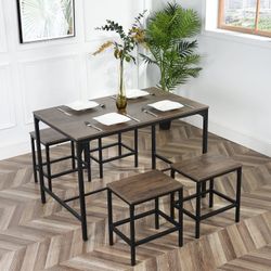🖤Black Friday🖤Homy Casa Moreman Brown Dining Table Set (1 Table + 4 Stools)  
