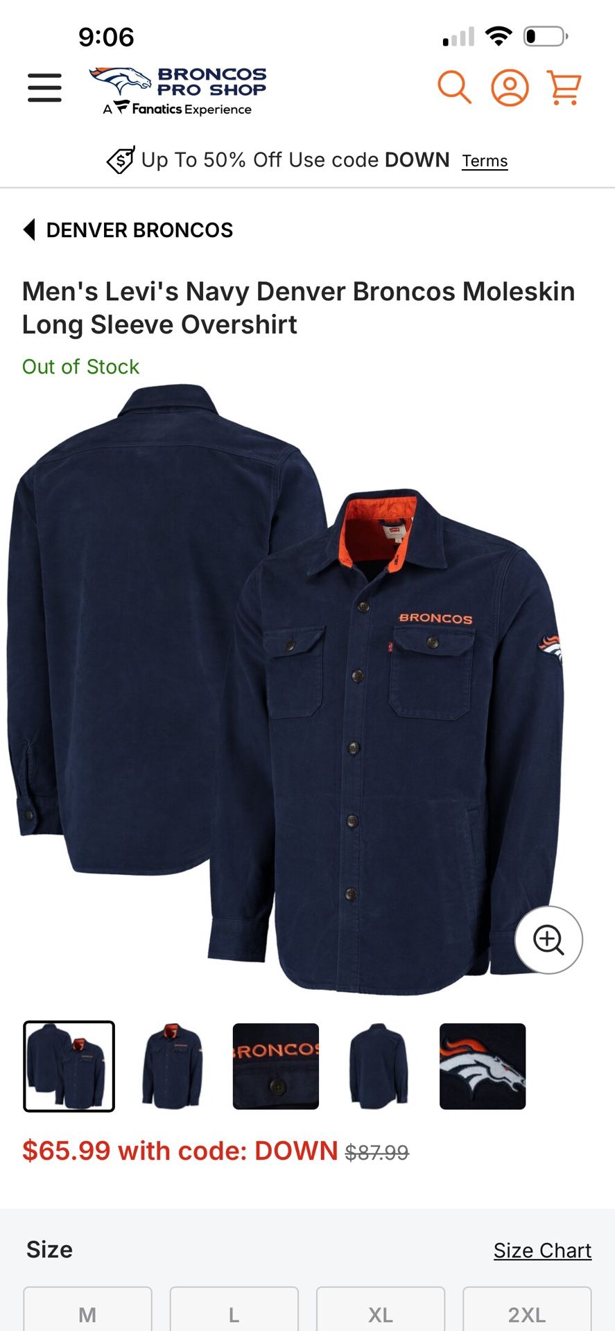 Denver Broncos Jacket Mens Large NFL Football Levi's Button Shirt Shacket Blue