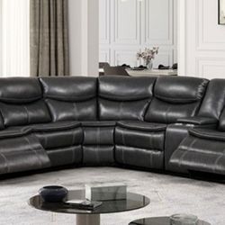 Brand New Grey Leather Reclining Sectional Sofa 