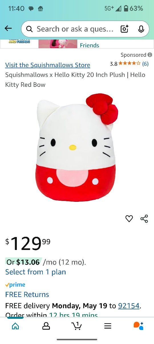 Squishmello Hello Kitty Huge From Costco
