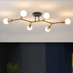 Modern Mid Centur 6 Light Semi Flush Mount Ceiling Lighting Fixture for Living Room Bedroom Dining Room Hallway Kitchen Office,Minimalist Gold and Bla