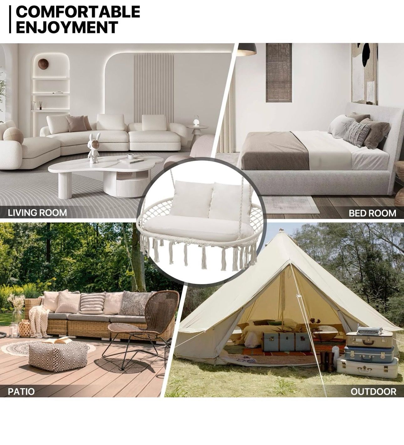Double Swing Chair with 3 Cushions for Outside, Large Hanging Macrame Swing Chair for Indoor/Outdoor Relax, Adult Hammock Boho Chair Max 7