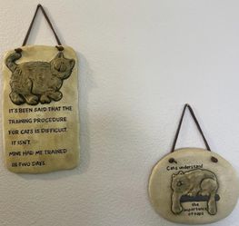 Pair of Novelty Ceramic Cat Art Plaques - Cat Lover Humor Decor
