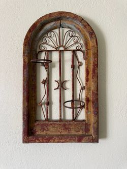 VTG Framed Rustic Wood Window & Iron Planter Holder with 2 rings Home Decor