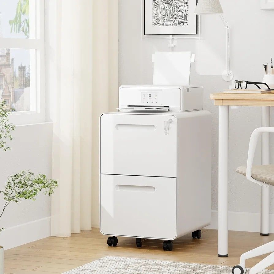 File Cabinet, Mobile Filing Cabinet with Lock, All Steel Structure Printer Stand, Fully Assembled Except Casters, Under Desk Storage for Home Office, 