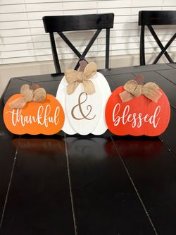 Thankful & Blessed Wooden Pumpkin Sign