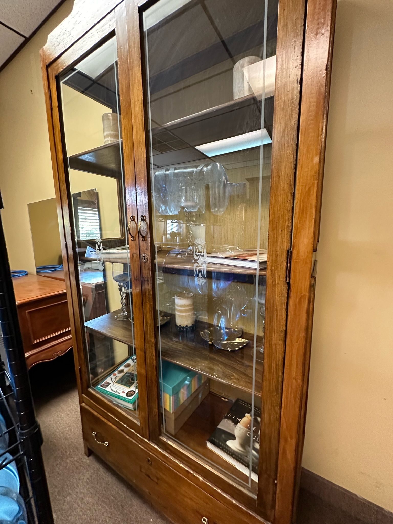 Antique Wood & Glass Armoire Cabinet With Shelves And Drawer