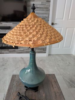Ceramic Table Lamp with Woven Rattan Shade