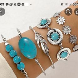 5 PIECE MIX N MATCH TURQUOISE 1 SIZE SILVER BRACELETS 