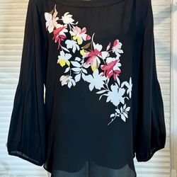Ann Taylor Factory Black Floral-Print Long Sleeve Blouse Size M
