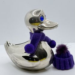 Leonard Silver Plated Duck Coin Bank Blue Scarf/hat