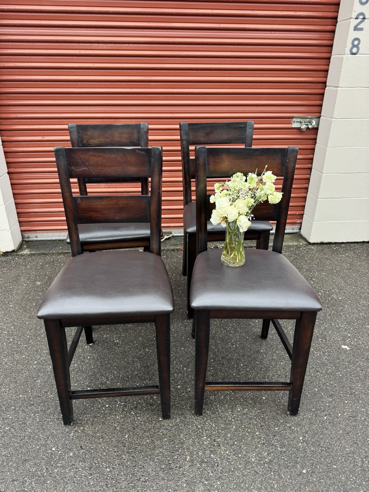 woodwn high table and four chairs and a bench