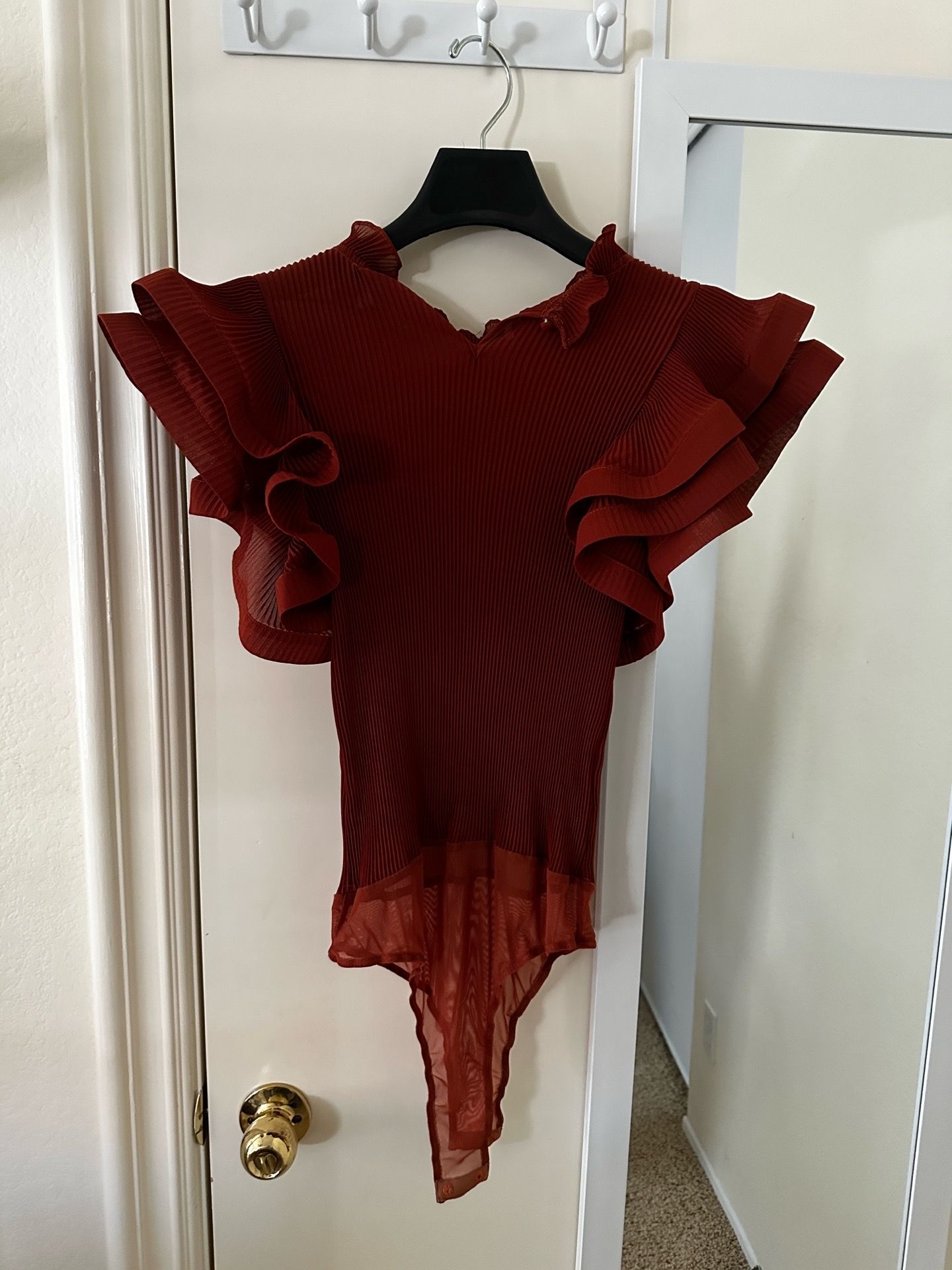 Pleated Mock Neck Ruffle Bodysuit Top