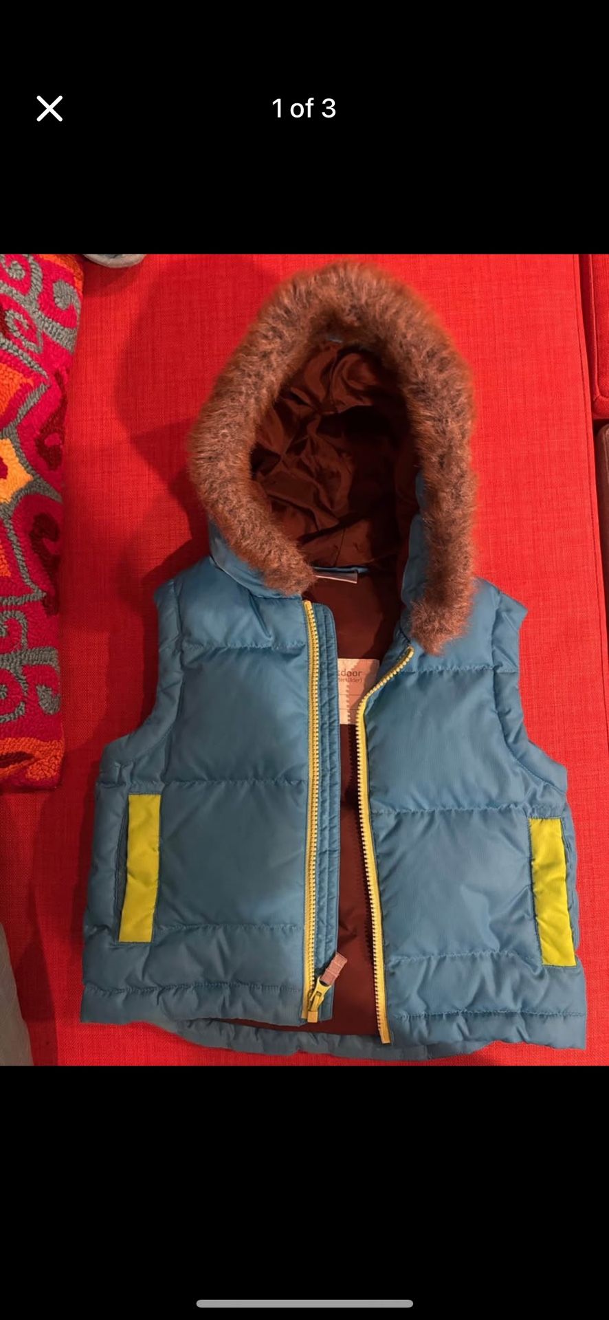 Hanna Andersson Blue Puffy Vest with faux fur collar Size 90/ 3