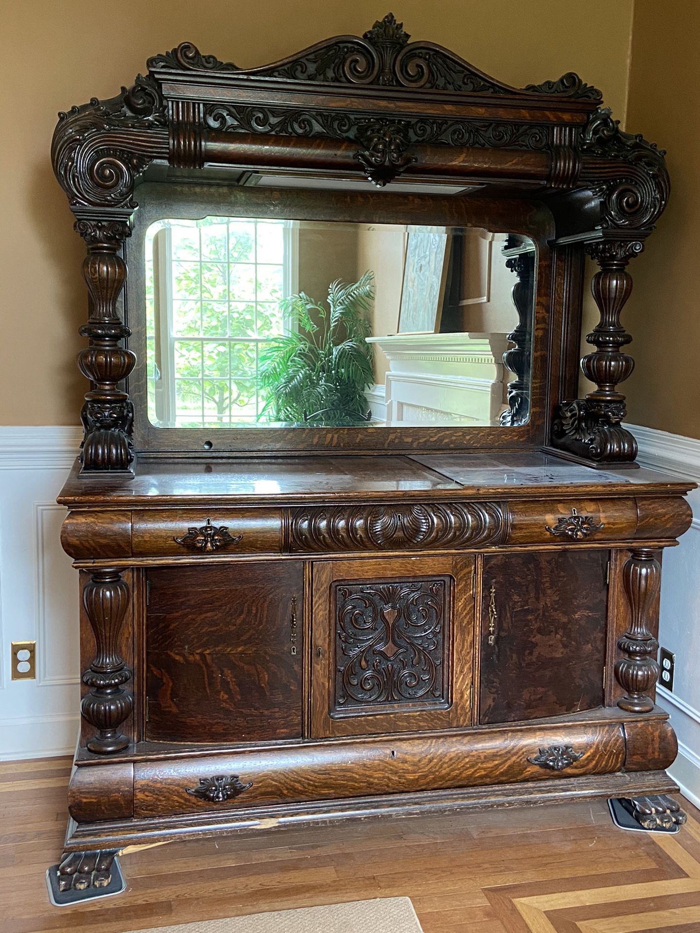 Antique Hutch Sideboard Hand carved With Griffins