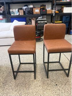 Pair Brown Bar Stools Black Metal