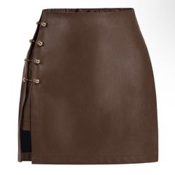 WDIRARA Women's Side Slit Metallic Trim High Waisted Faux Leather Short Skirts Brown X-Large