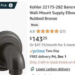 Open-Kohler Bancroft Wall Mount Supply Elbow
