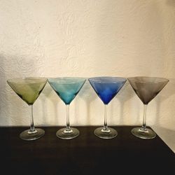 Set Of Four Multicolor Glass Martini Cocktail Glasses