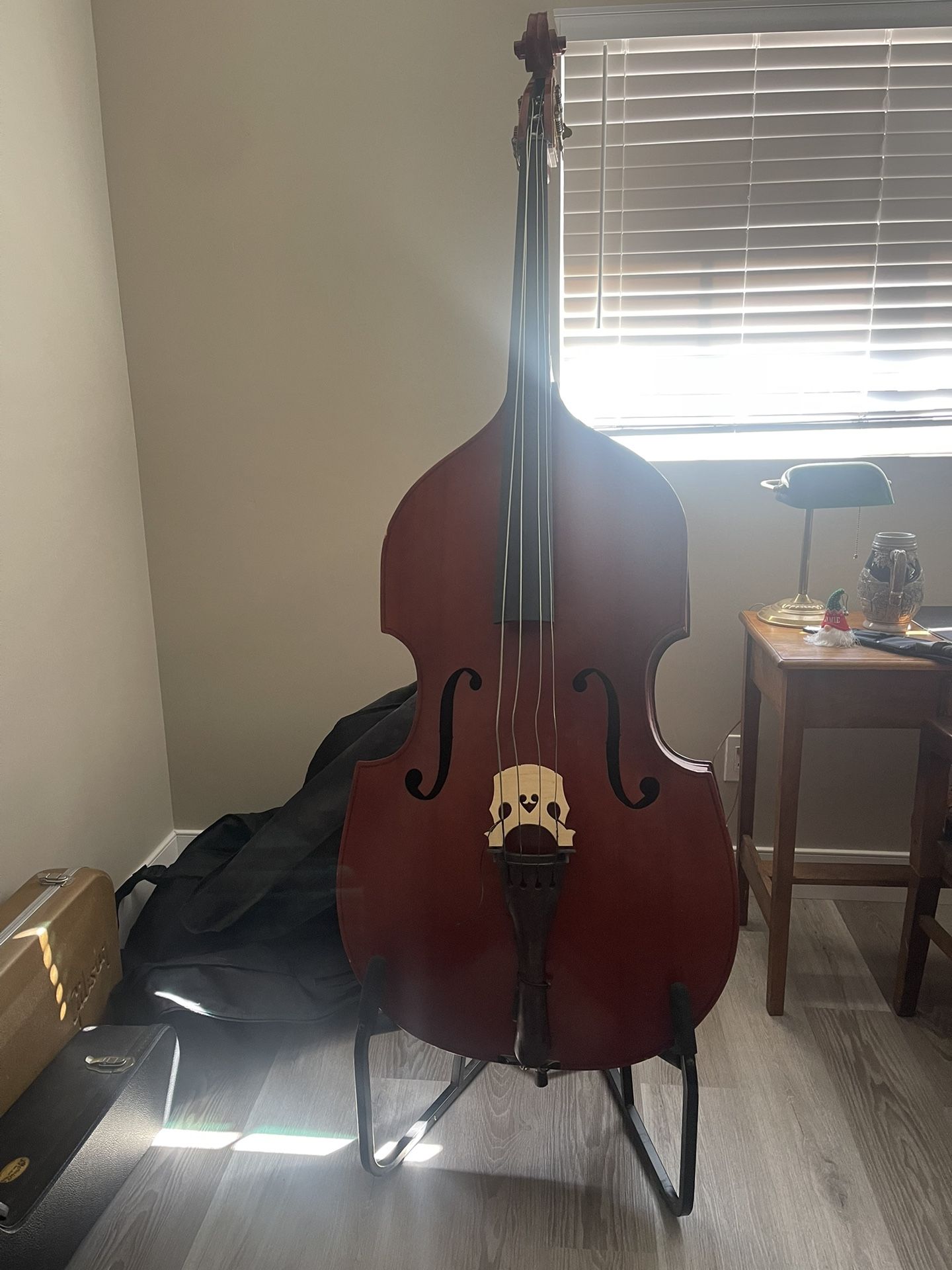 Antique Stand Up Double Bass With Stand And Carrying Case