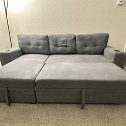 Upholstered Convertible Sleeper Sofa With Storage And Cup Holders