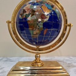 VINTAGE BLUE LAPIS GEMSTONE GLOBE ON REVOLVING BRASS BASE WITH COMPASS 
