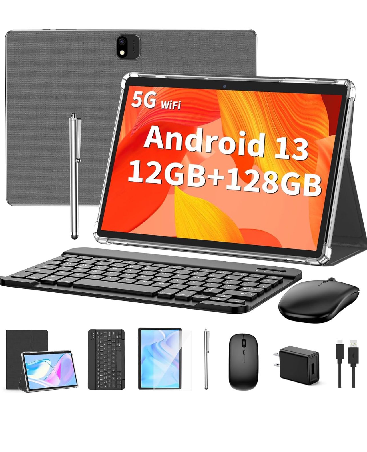 Android Tablet with Keyboard, Android 13 Tablet, 12GB+128GB, 1TB Expand, 2 in 1 Tablet, 10 inch Tablet with Case, Mouse, Stylus, 8000mAh Battery, 2.4G