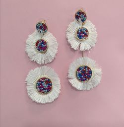 White Fringe Beaded Drop Earrings