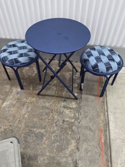 Metal Round Travel Accent Patio Stool Navy Blue  and Table