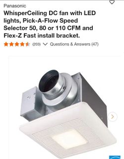 WhisperCeiling DC fan with LED lights, Pick-A-Flow Speed Selector 50, 80 or 110 CFM and Flex-Z Fast install bracket.