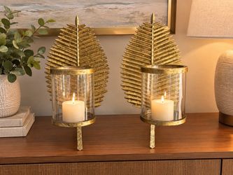Set of 2 Gold Leaf Candle Holders  8.5”w x 18.5”h