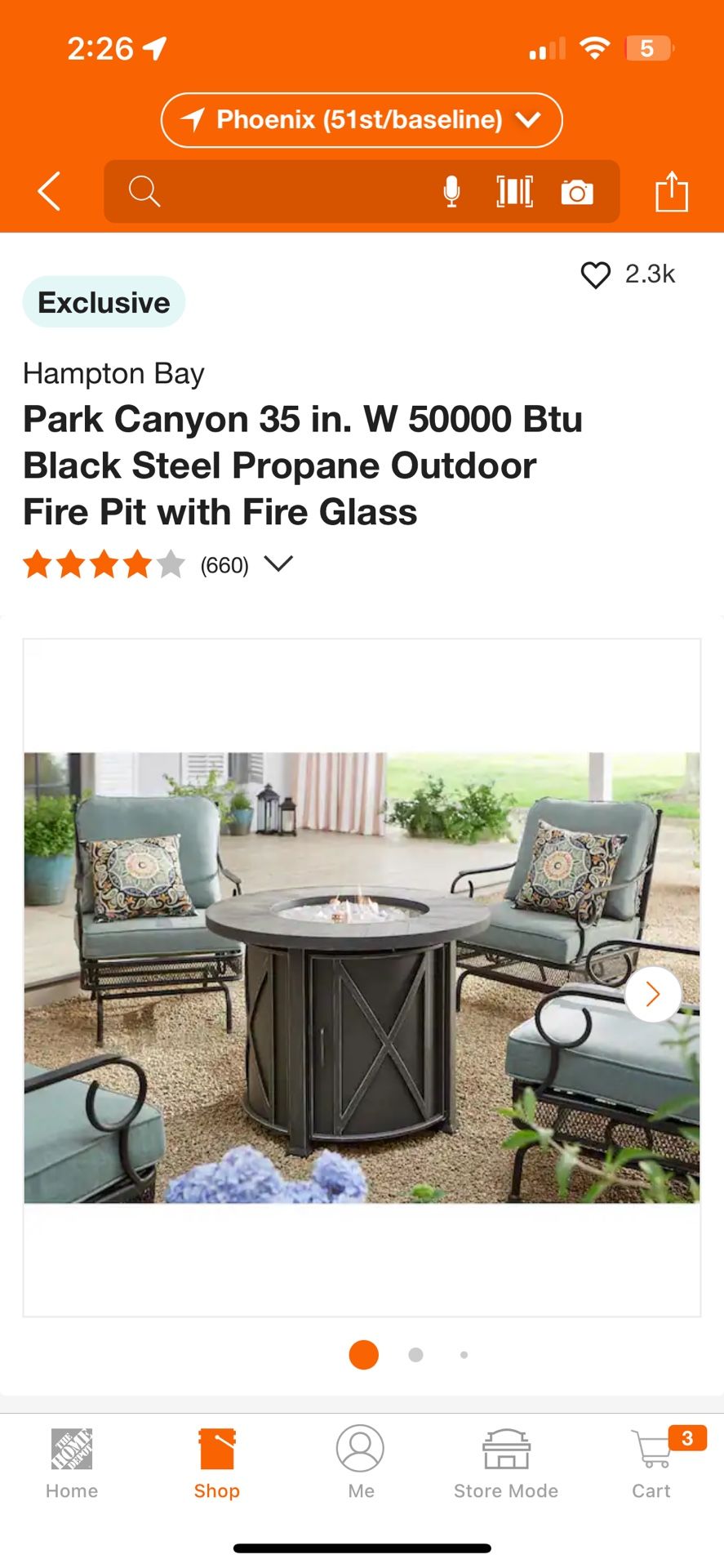 Hampton Bay Park Canyon 35 in. W 50000 Btu Black Steel Propane Outdoor Fire Pit with Fire Glass (Assembled)