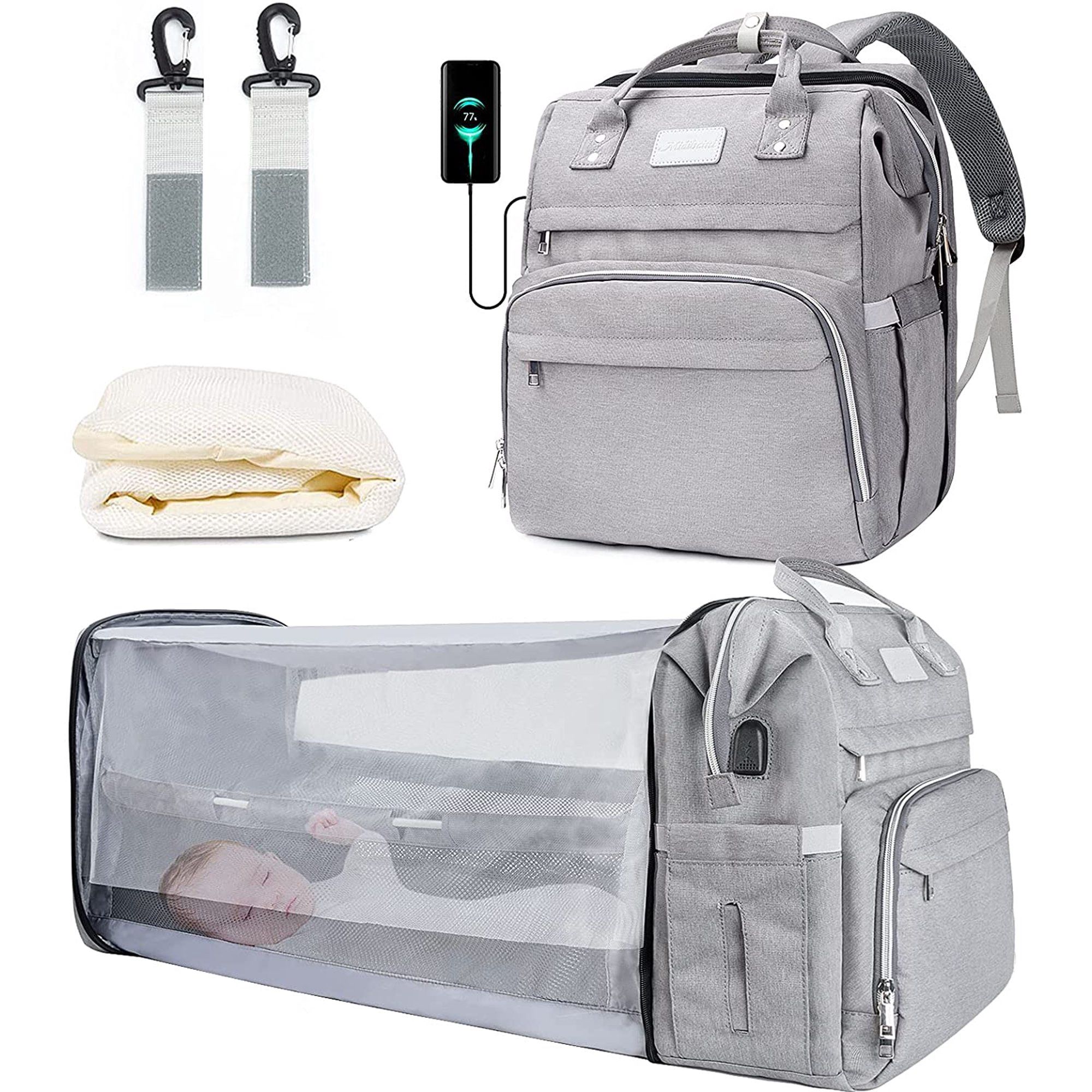Baby Diaper Bag Backpack with Changing Station for Boy Girl, Baby Stuff Newborn Essentials Unisex Dad Mom Large Diaper Bag Bassinet Travel,Grey/Blue